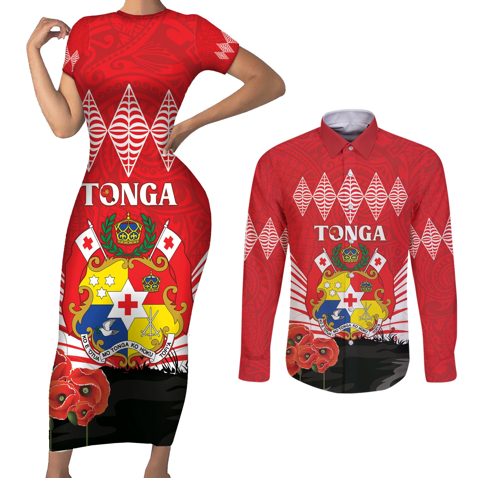 Tonga ANZAC Day Couples Matching Short Sleeve Bodycon Dress and Long Sleeve Button Shirt Camouflage With Poppies Lest We Forget LT14 Red - Polynesian Pride