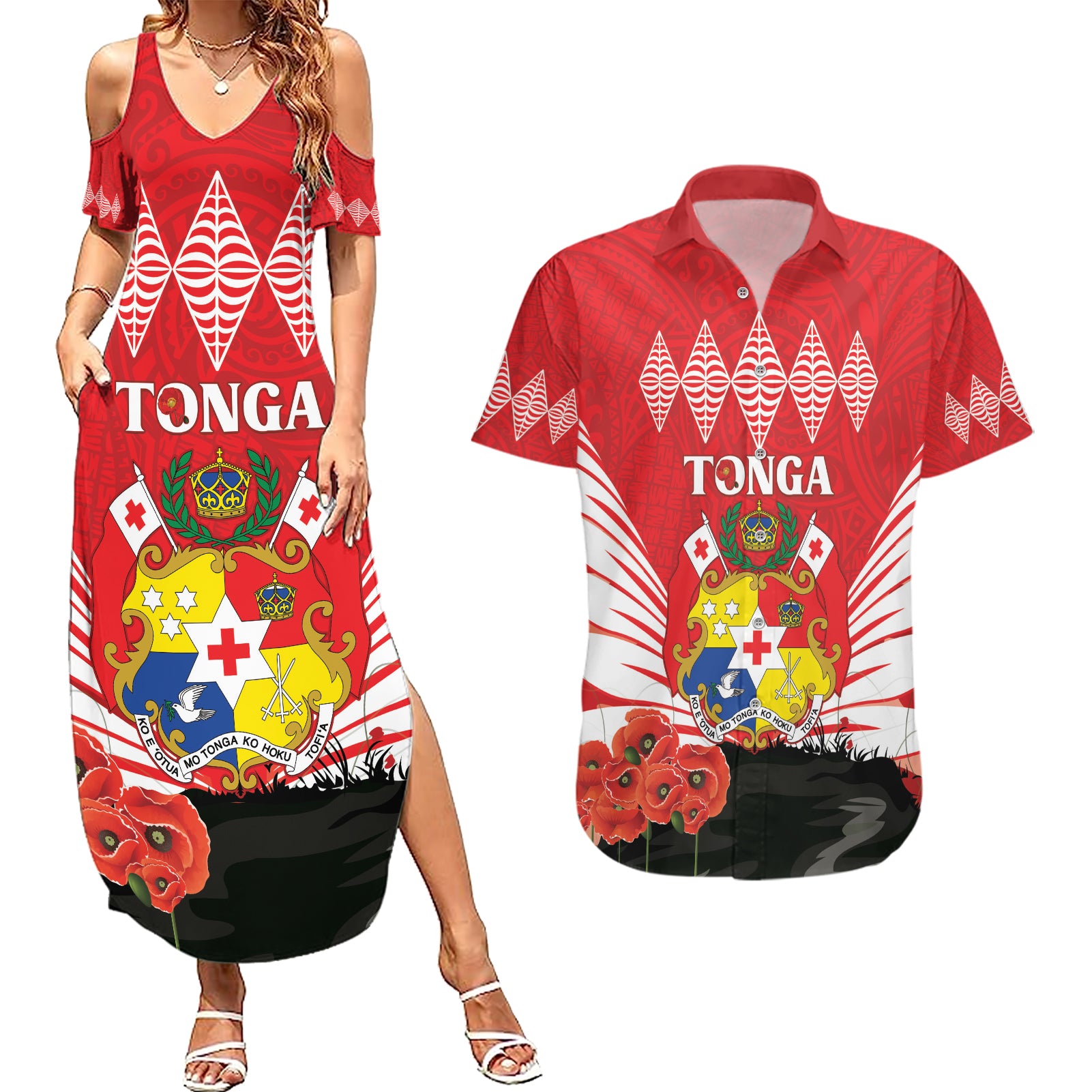 Tonga ANZAC Day Couples Matching Summer Maxi Dress and Hawaiian Shirt Camouflage With Poppies Lest We Forget LT14 Red - Polynesian Pride