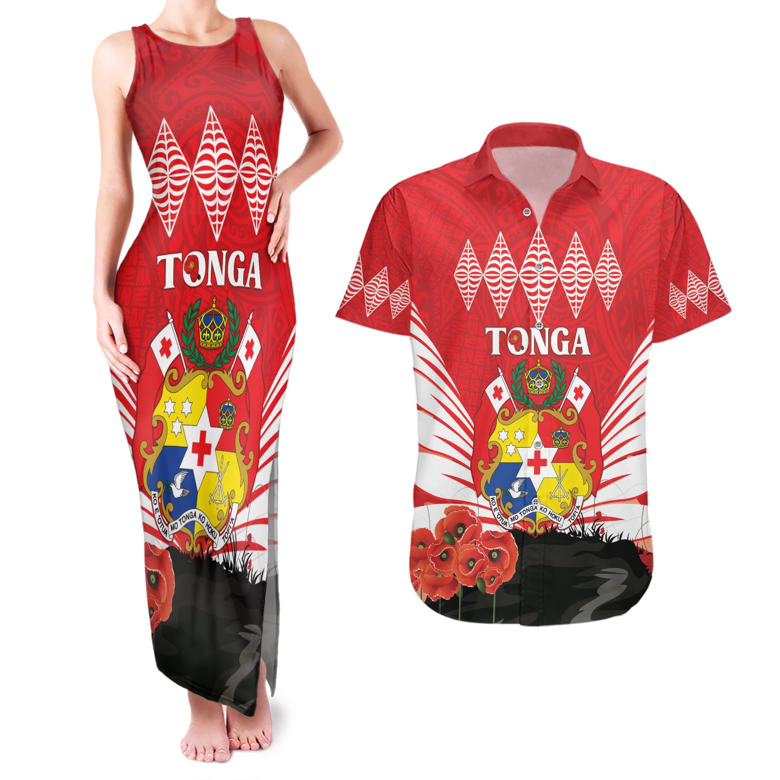 Tonga ANZAC Day Couples Matching Tank Maxi Dress and Hawaiian Shirt Camouflage With Poppies Lest We Forget LT14 Red - Polynesian Pride