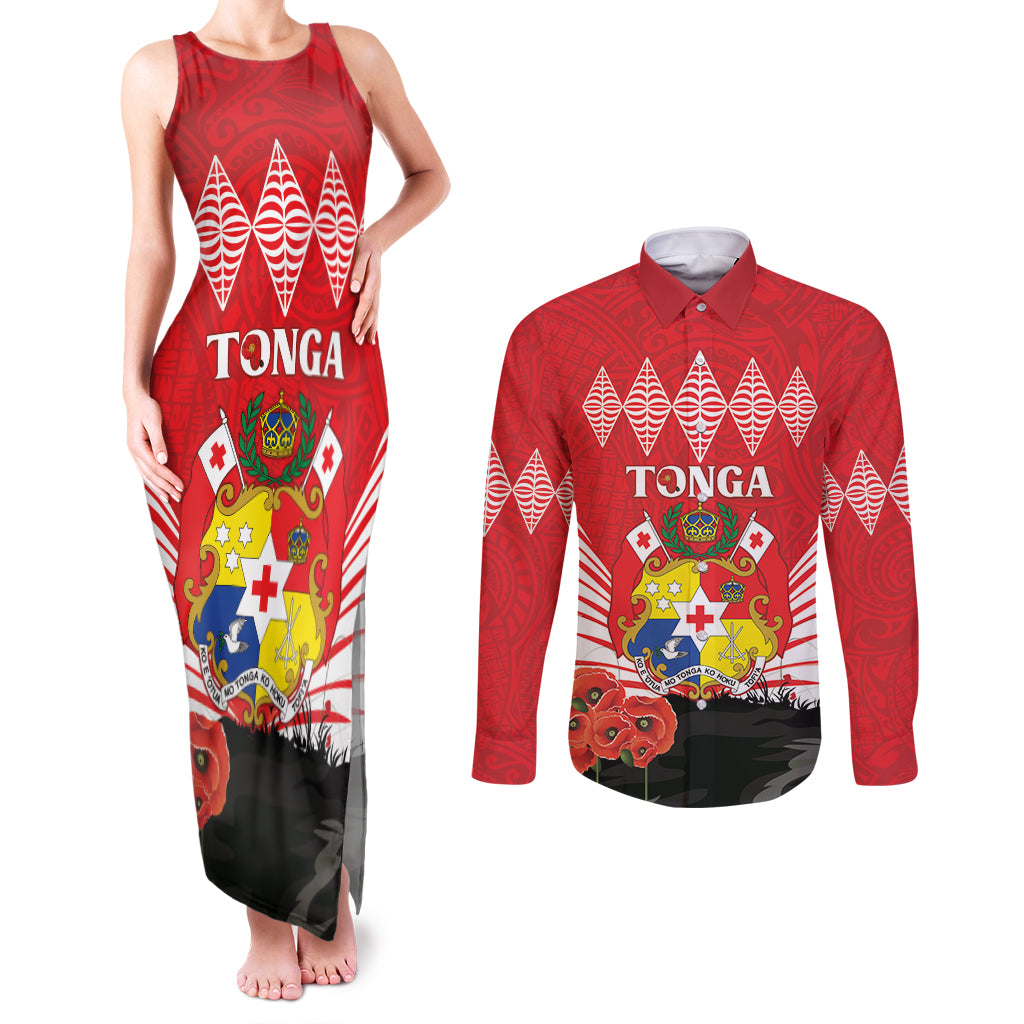 Tonga ANZAC Day Couples Matching Tank Maxi Dress and Long Sleeve Button Shirt Camouflage With Poppies Lest We Forget LT14 Red - Polynesian Pride