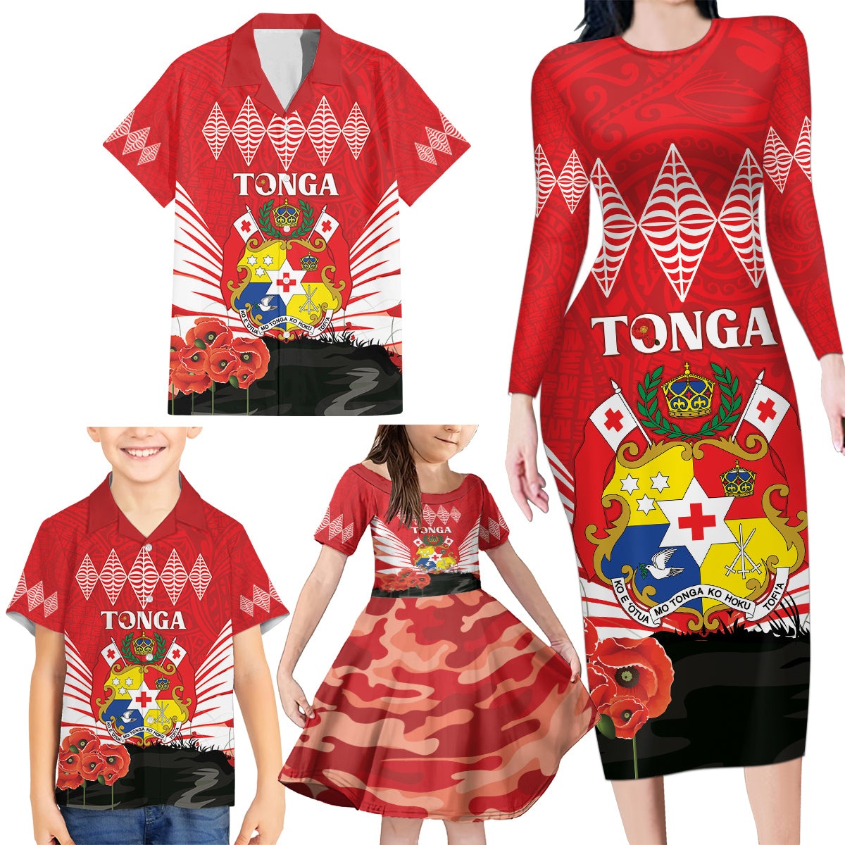 Tonga ANZAC Day Family Matching Long Sleeve Bodycon Dress and Hawaiian Shirt Camouflage With Poppies Lest We Forget LT14 - Polynesian Pride