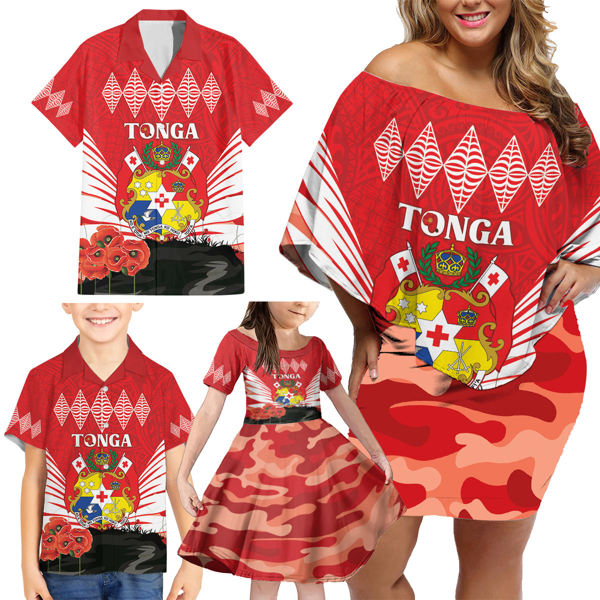 Tonga ANZAC Day Family Matching Off Shoulder Short Dress and Hawaiian Shirt Camouflage With Poppies Lest We Forget LT14 - Polynesian Pride