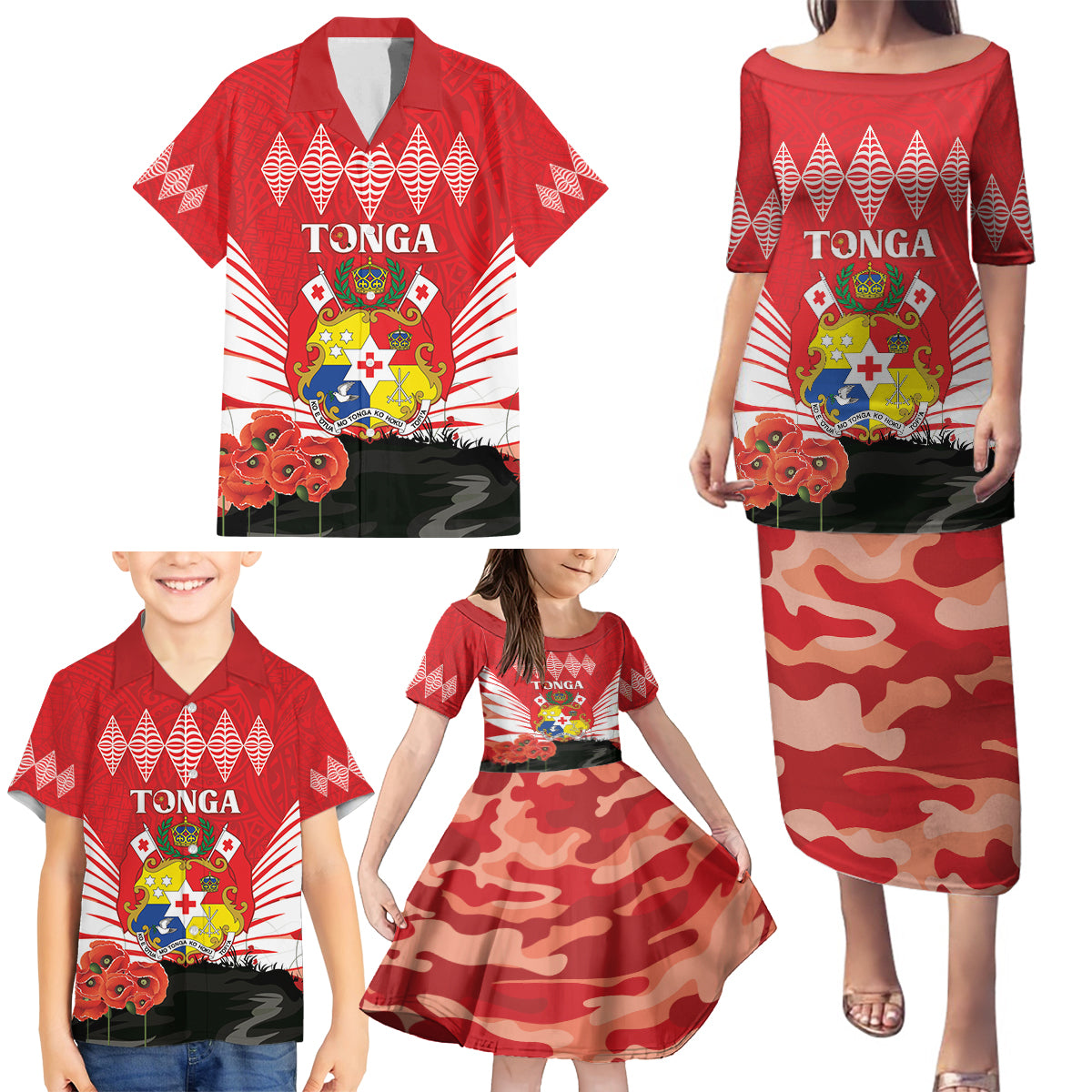 Tonga ANZAC Day Family Matching Puletasi and Hawaiian Shirt Camouflage With Poppies Lest We Forget LT14 - Polynesian Pride