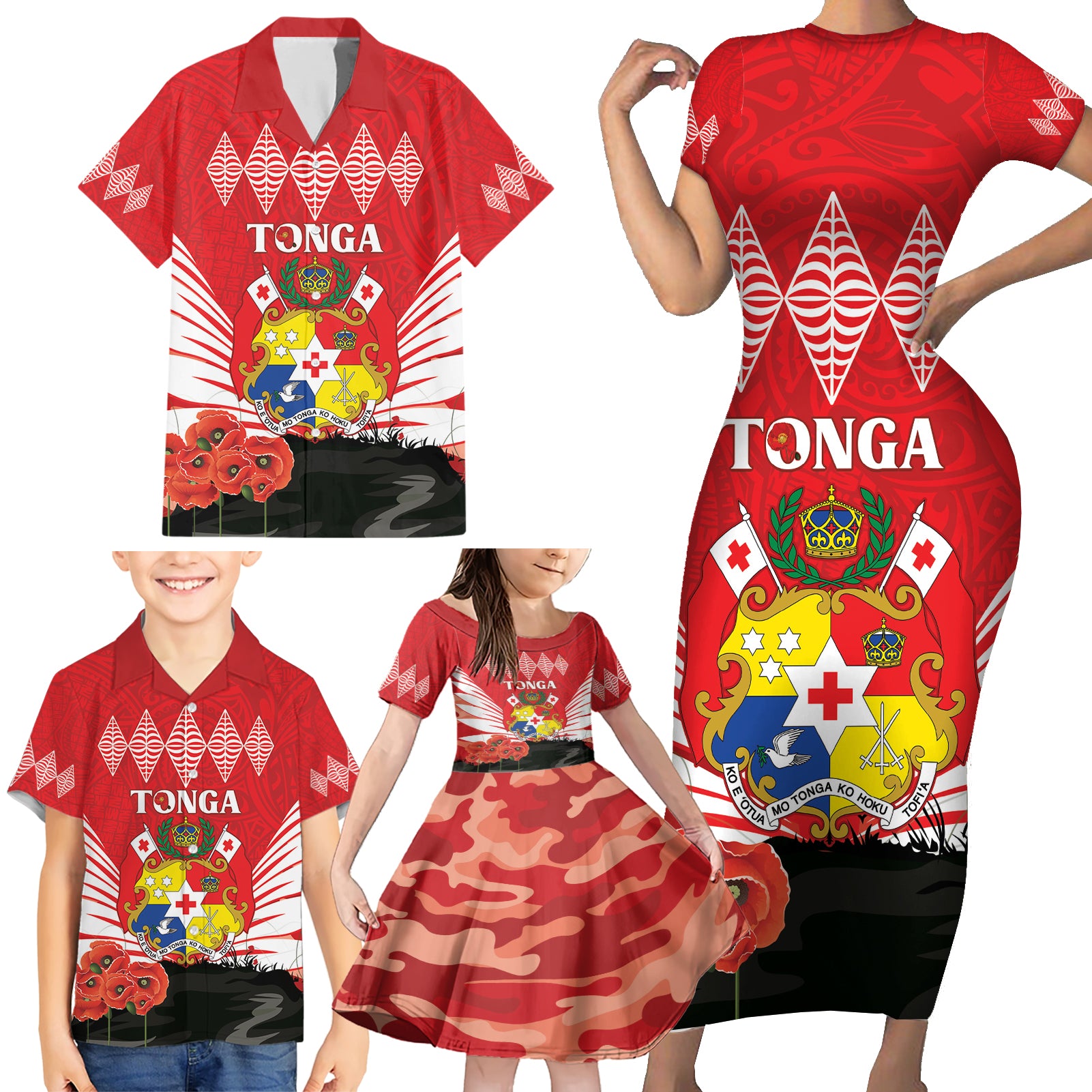 Tonga ANZAC Day Family Matching Short Sleeve Bodycon Dress and Hawaiian Shirt Camouflage With Poppies Lest We Forget LT14 - Polynesian Pride