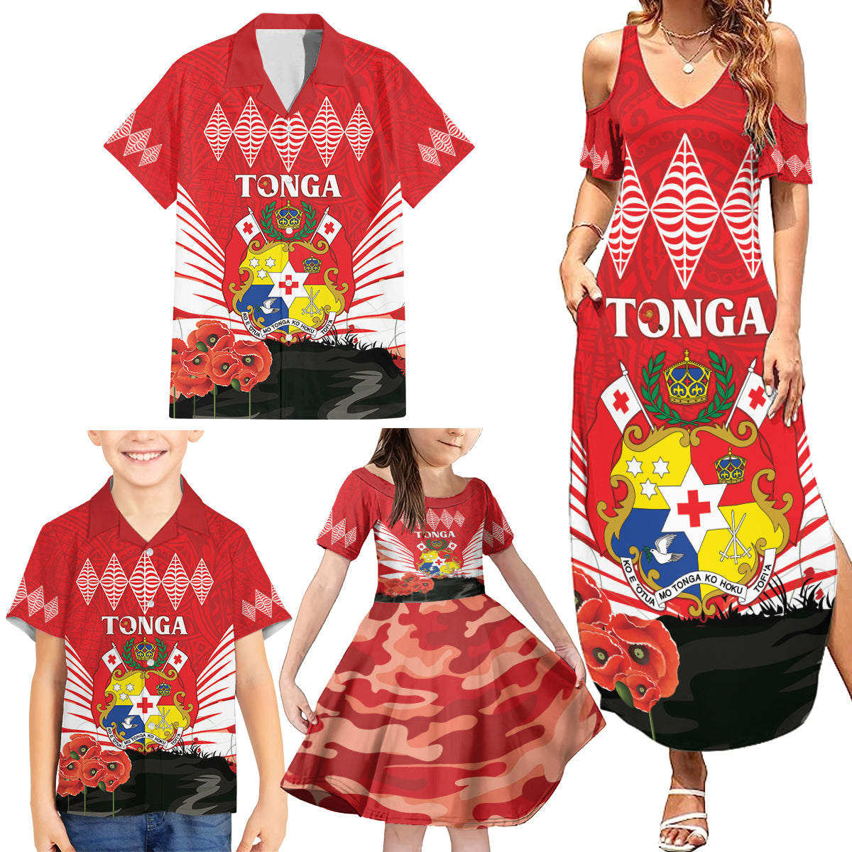 Tonga ANZAC Day Family Matching Summer Maxi Dress and Hawaiian Shirt Camouflage With Poppies Lest We Forget LT14 - Polynesian Pride