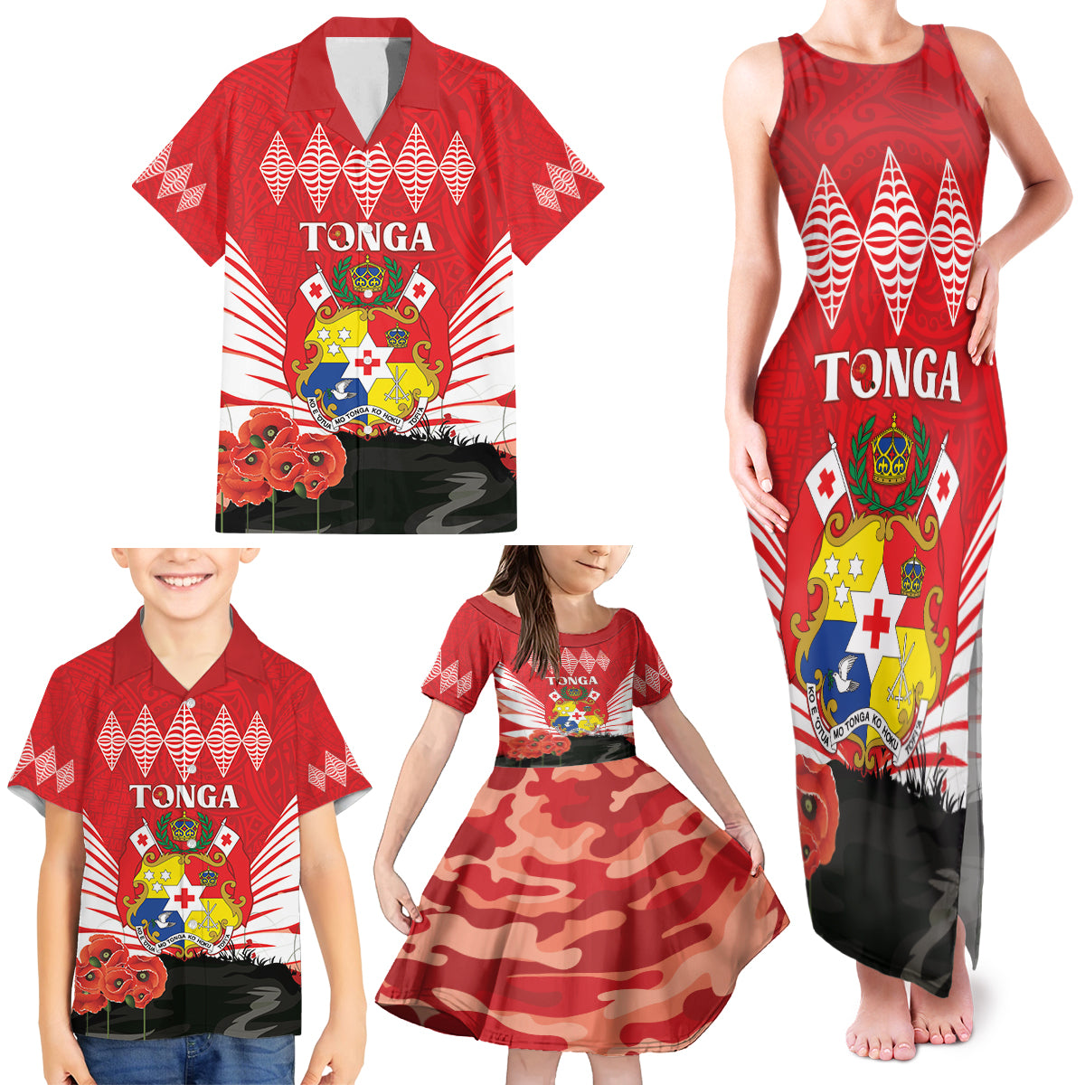 Tonga ANZAC Day Family Matching Tank Maxi Dress and Hawaiian Shirt Camouflage With Poppies Lest We Forget LT14 - Polynesian Pride