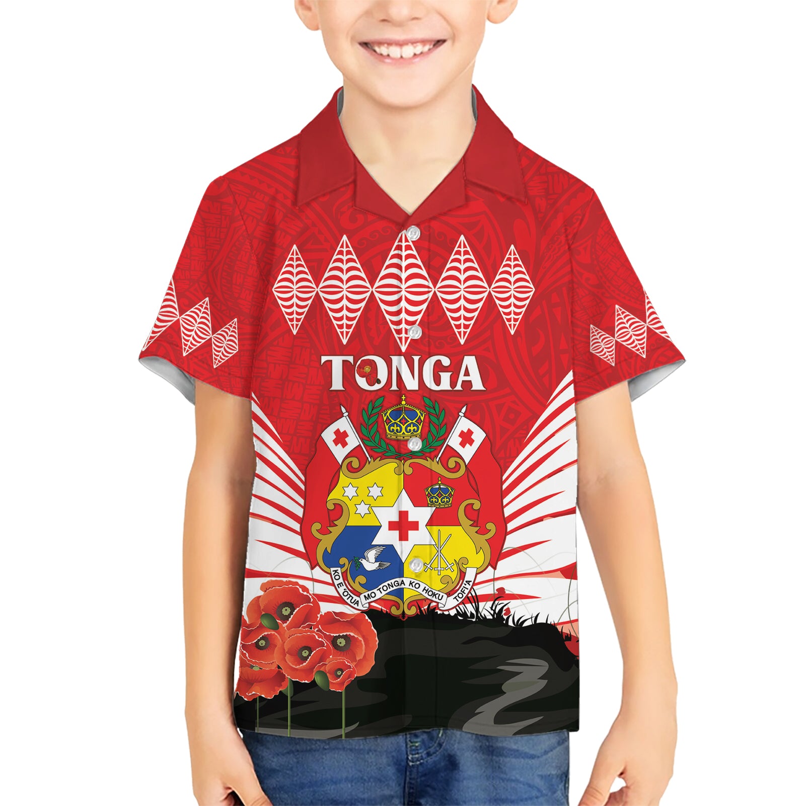 Tonga ANZAC Day Kid Hawaiian Shirt Camouflage With Poppies Lest We Forget LT14 Kid Red - Polynesian Pride