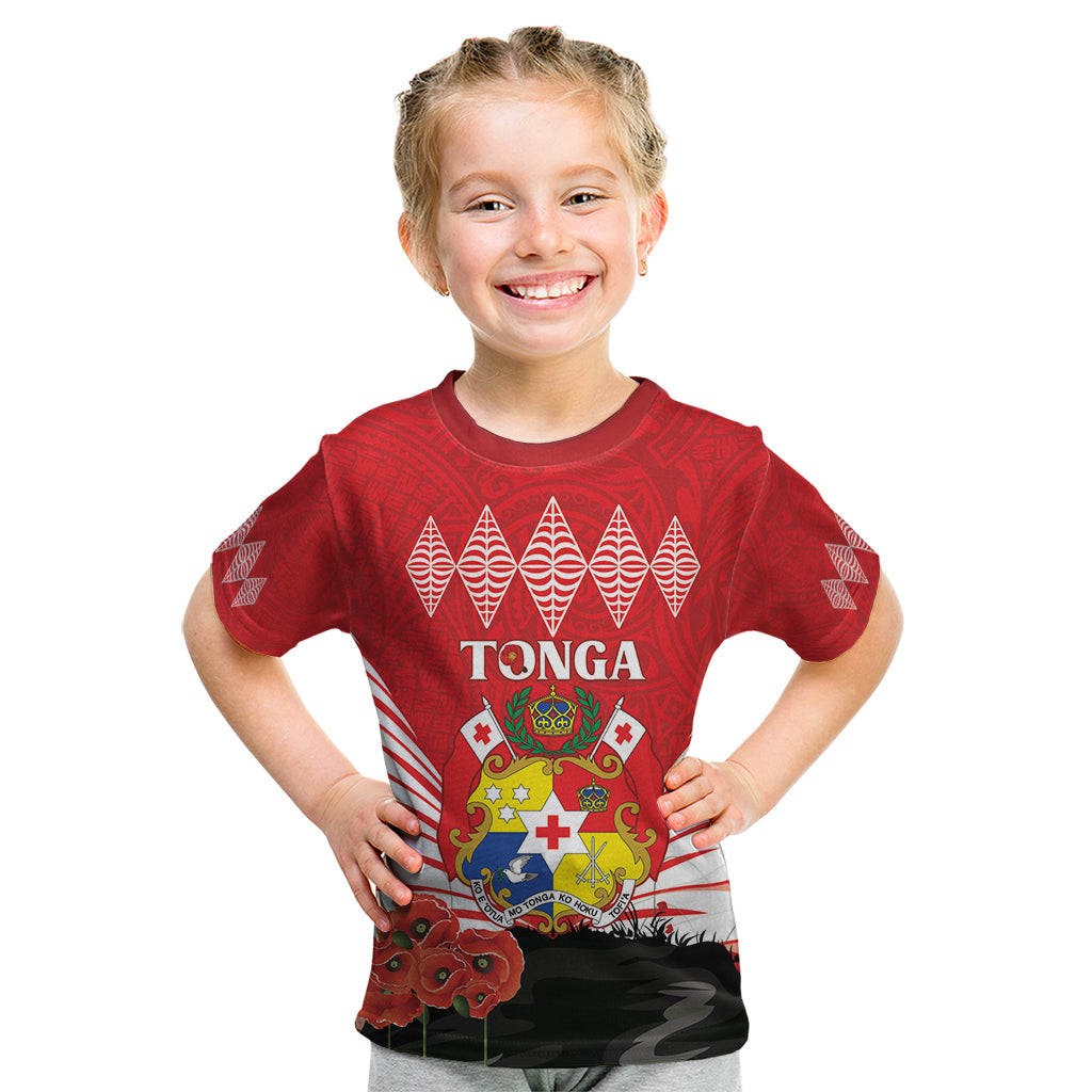 Tonga ANZAC Day Kid T Shirt Camouflage With Poppies Lest We Forget LT14 Red - Polynesian Pride