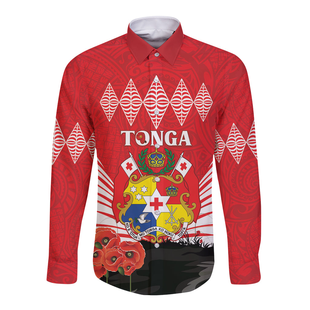 Tonga ANZAC Day Long Sleeve Button Shirt Camouflage With Poppies Lest We Forget LT14 Unisex Red - Polynesian Pride