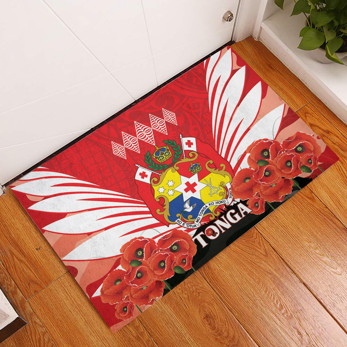 Tonga ANZAC Day Rubber Doormat Camouflage With Poppies Lest We Forget LT14 Red - Polynesian Pride