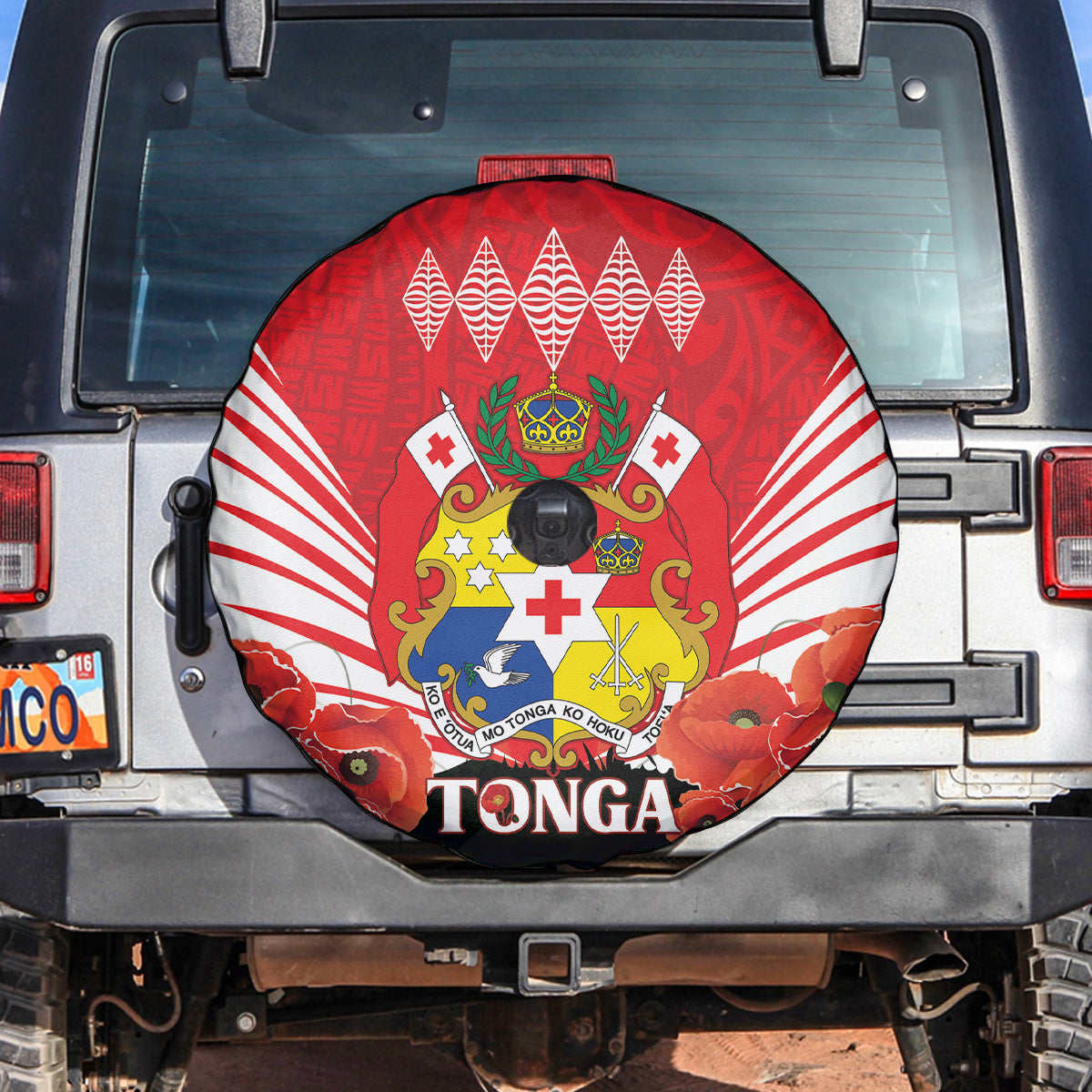 Tonga ANZAC Day Spare Tire Cover Camouflage With Poppies Lest We Forget LT14 Red - Polynesian Pride