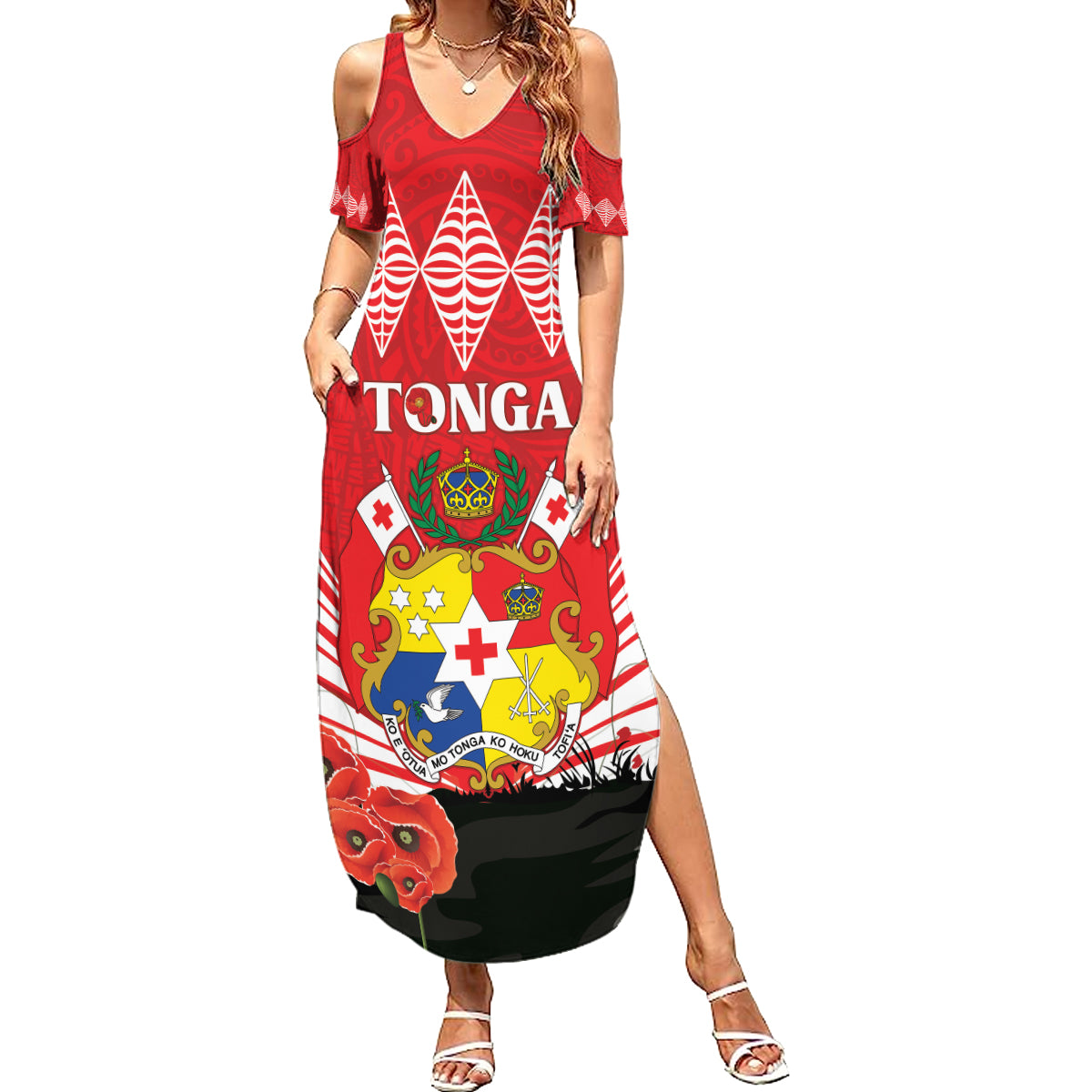 Tonga ANZAC Day Summer Maxi Dress Camouflage With Poppies Lest We Forget LT14 Women Red - Polynesian Pride