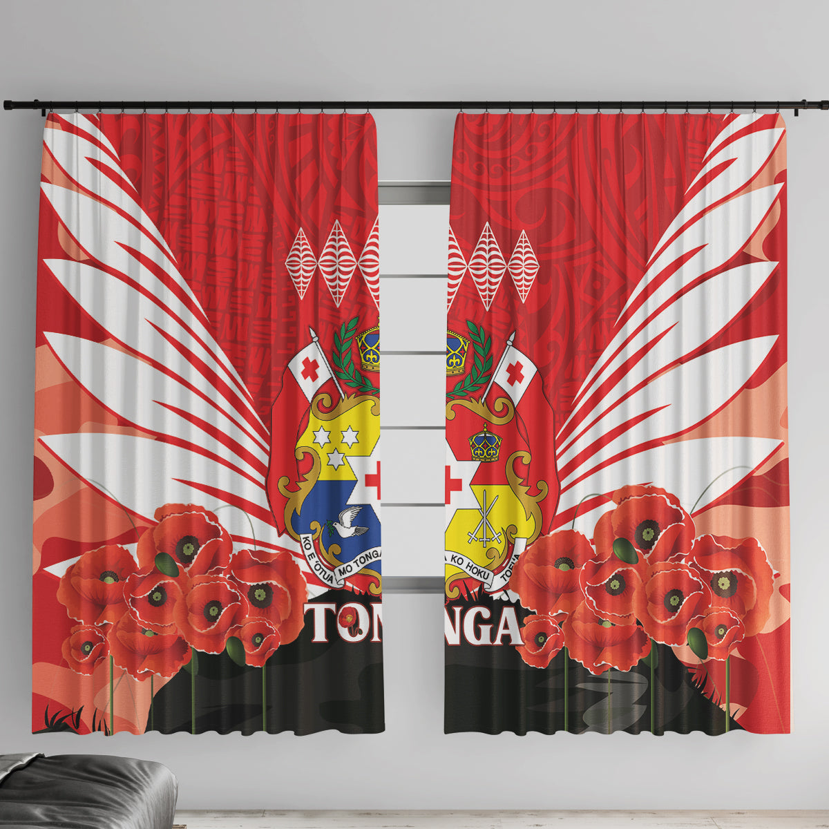 Tonga ANZAC Day Window Curtain Camouflage With Poppies Lest We Forget LT14 With Hooks Red - Polynesian Pride