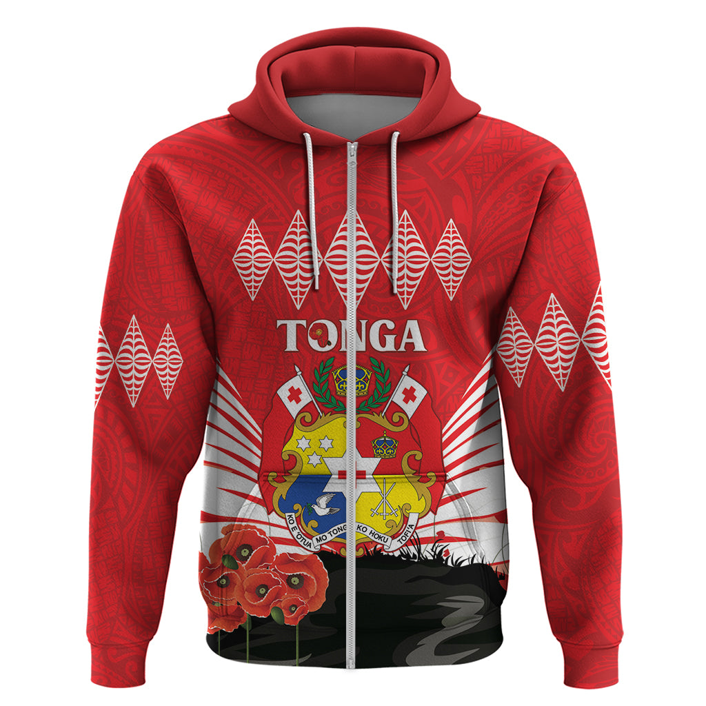 Tonga ANZAC Day Zip Hoodie Camouflage With Poppies Lest We Forget LT14 Zip Hoodie Red - Polynesian Pride