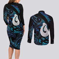 Hei Matau New Zealand Matariki Couples Matching Long Sleeve Bodycon Dress and Long Sleeve Button Shirt NZ Fish Hook Maori Art
