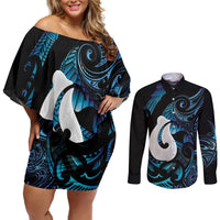 Hei Matau New Zealand Matariki Couples Matching Off Shoulder Short Dress and Long Sleeve Button Shirt NZ Fish Hook Maori Art