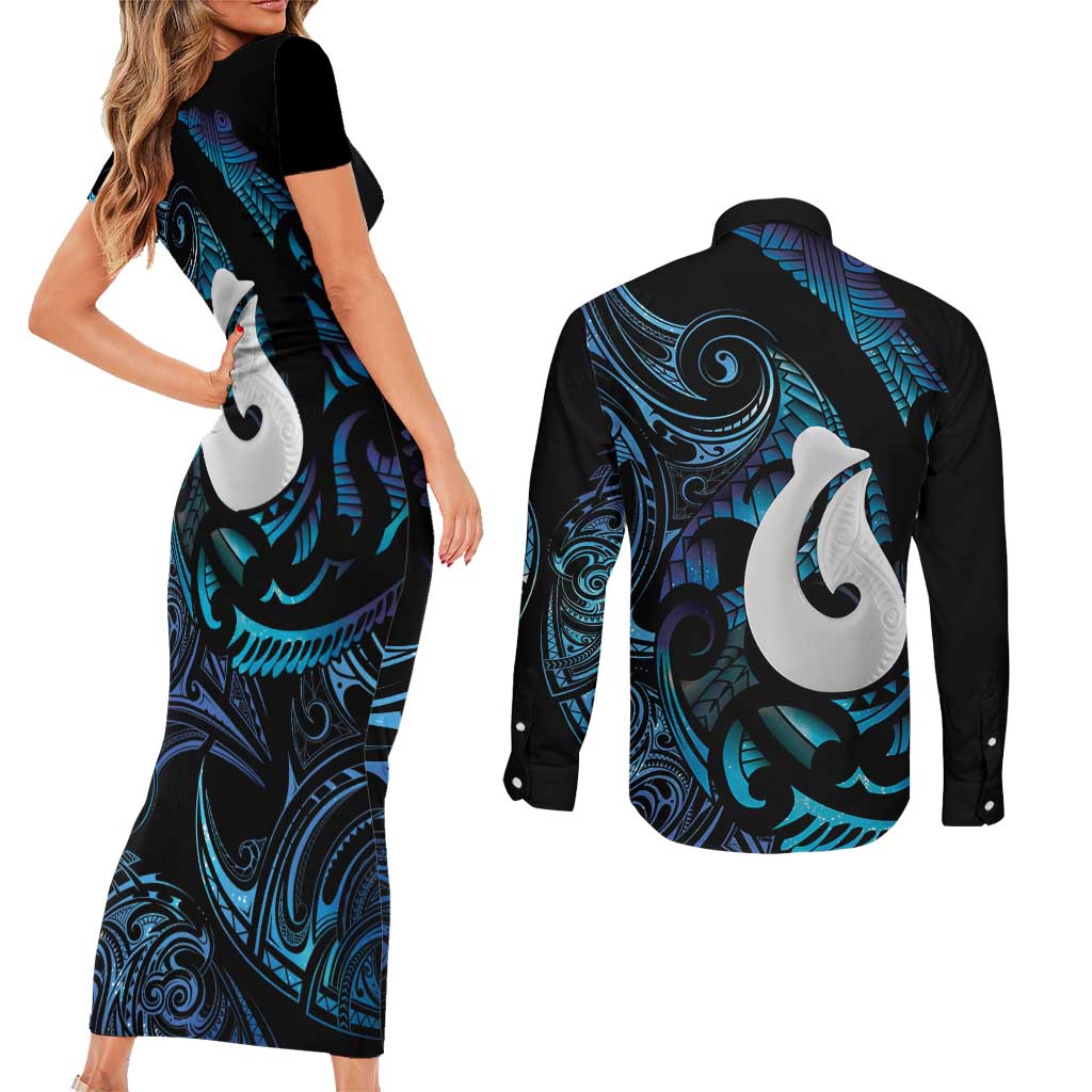 Hei Matau New Zealand Matariki Couples Matching Short Sleeve Bodycon Dress and Long Sleeve Button Shirt NZ Fish Hook Maori Art