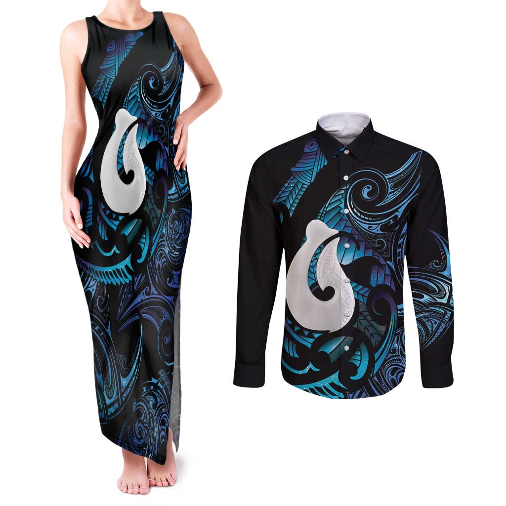 Hei Matau New Zealand Matariki Couples Matching Tank Maxi Dress and Long Sleeve Button Shirt NZ Fish Hook Maori Art LT14 Purple - Polynesian Pride