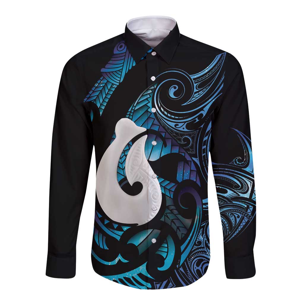 Hei Matau New Zealand Matariki Long Sleeve Button Shirt NZ Fish Hook Maori Art LT14 Unisex Purple - Polynesian Pride