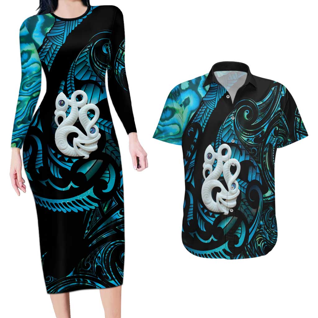 Manaia New Zealand Matariki Couples Matching Long Sleeve Bodycon Dress and Hawaiian Shirt NZ Paua Shell Maori Art