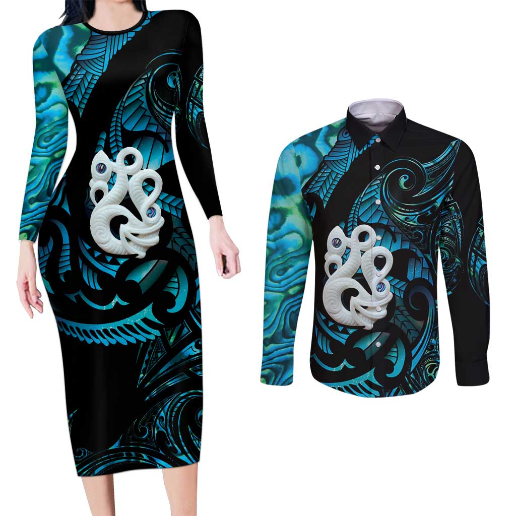 Manaia New Zealand Matariki Couples Matching Long Sleeve Bodycon Dress and Long Sleeve Button Shirt NZ Paua Shell Maori Art