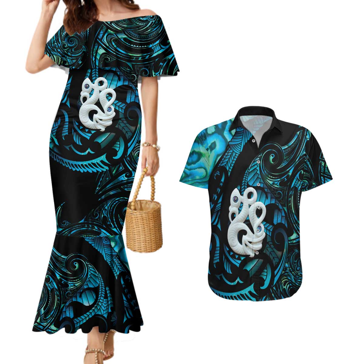 Manaia New Zealand Matariki Couples Matching Mermaid Dress and Hawaiian Shirt NZ Paua Shell Maori Art LT14 Turquoise - Polynesian Pride