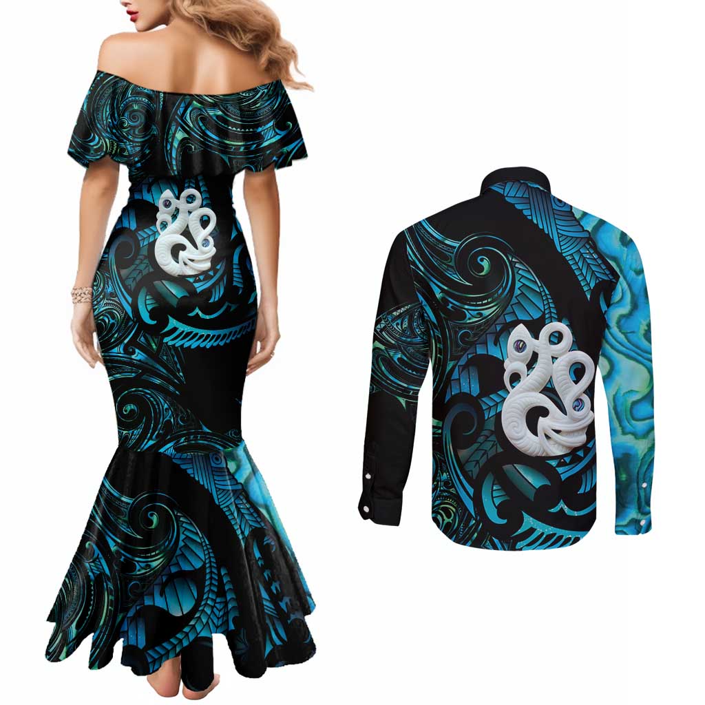Manaia New Zealand Matariki Couples Matching Mermaid Dress and Long Sleeve Button Shirt NZ Paua Shell Maori Art