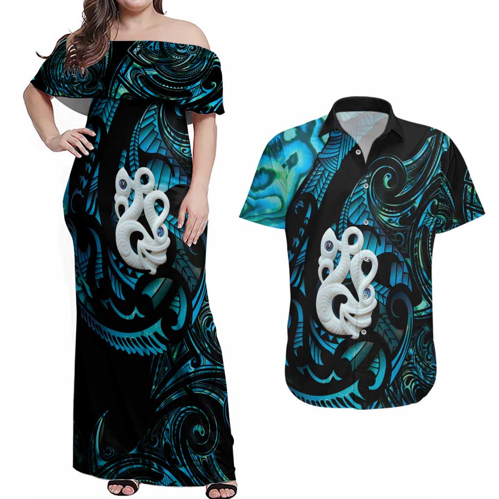 Manaia New Zealand Matariki Couples Matching Off Shoulder Maxi Dress and Hawaiian Shirt NZ Paua Shell Maori Art