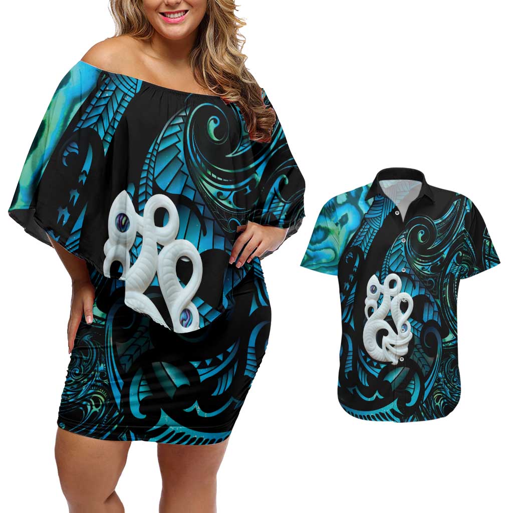 Manaia New Zealand Matariki Couples Matching Off Shoulder Short Dress and Hawaiian Shirt NZ Paua Shell Maori Art LT14 Turquoise - Polynesian Pride