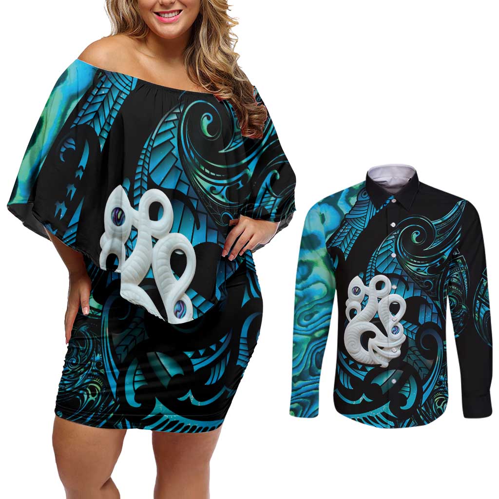 Manaia New Zealand Matariki Couples Matching Off Shoulder Short Dress and Long Sleeve Button Shirt NZ Paua Shell Maori Art