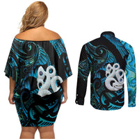 Manaia New Zealand Matariki Couples Matching Off Shoulder Short Dress and Long Sleeve Button Shirt NZ Paua Shell Maori Art