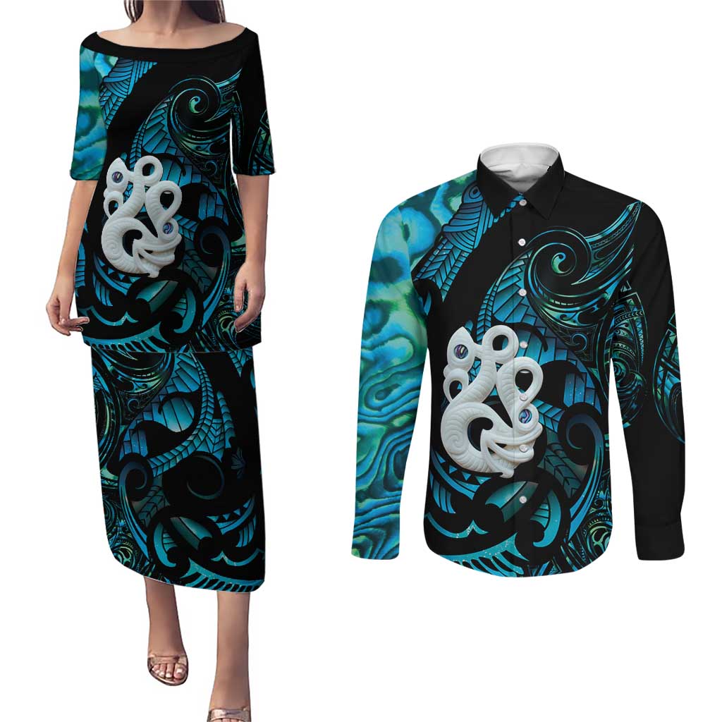 Manaia New Zealand Matariki Couples Matching Puletasi and Long Sleeve Button Shirt NZ Paua Shell Maori Art LT14 Turquoise - Polynesian Pride