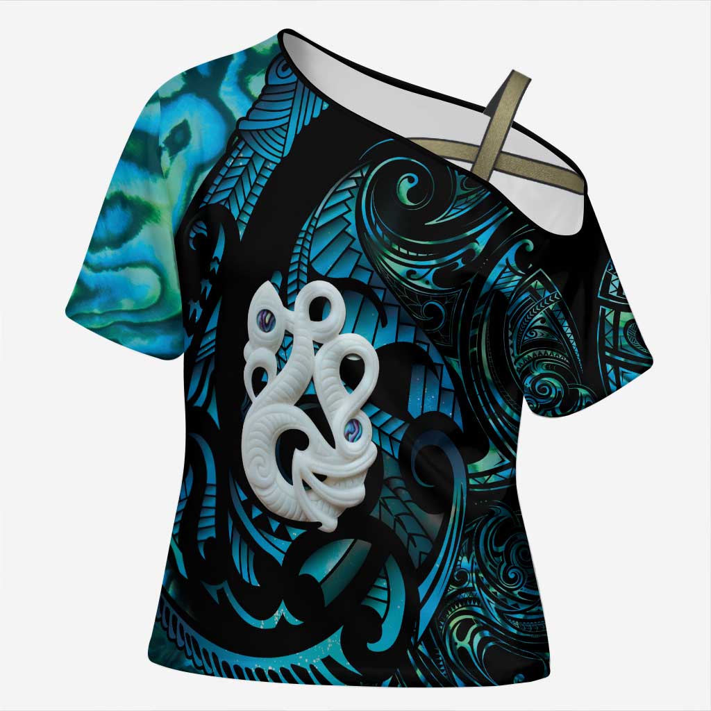 Manaia New Zealand Matariki Cross Shoulder Shirt NZ Paua Shell Maori Art LT14 Female Turquoise - Polynesian Pride