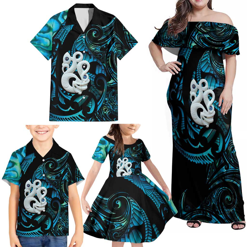 Manaia New Zealand Matariki Family Matching Off Shoulder Maxi Dress and Hawaiian Shirt NZ Paua Shell Maori Art