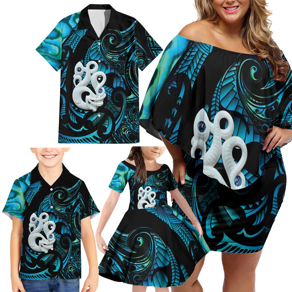 Manaia New Zealand Matariki Family Matching Off Shoulder Short Dress and Hawaiian Shirt NZ Paua Shell Maori Art LT14 - Polynesian Pride