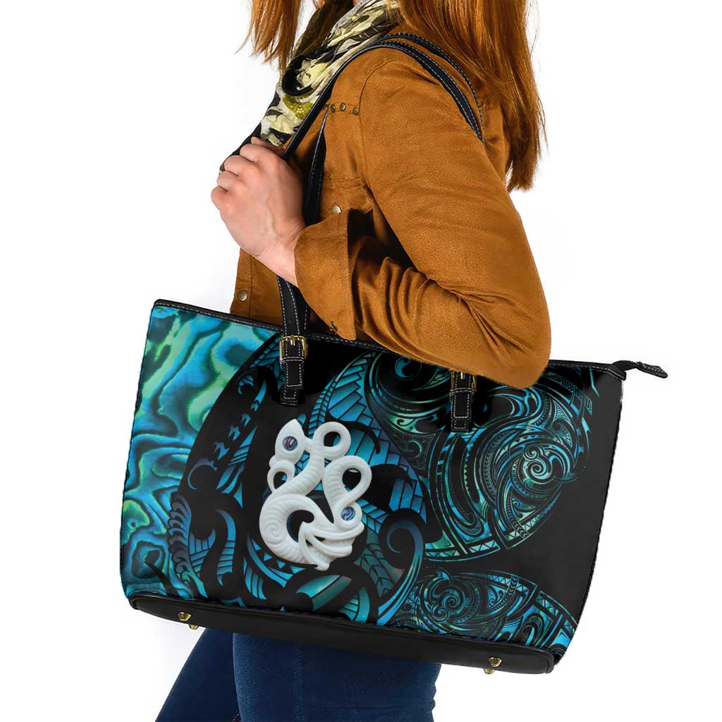 Manaia New Zealand Matariki Leather Tote Bag NZ Paua Shell Maori Art LT14 Turquoise - Polynesian Pride