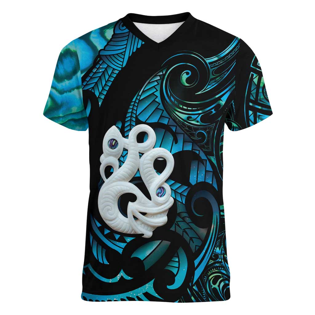 Manaia New Zealand Matariki Women V-Neck T-Shirt NZ Paua Shell Maori Art LT14 Female Turquoise - Polynesian Pride