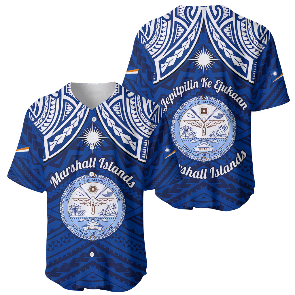 Marshall Islands Baseball Jersey Blue Polynesian Tribal Mix Coat Of Arms LT14 - Polynesian Pride