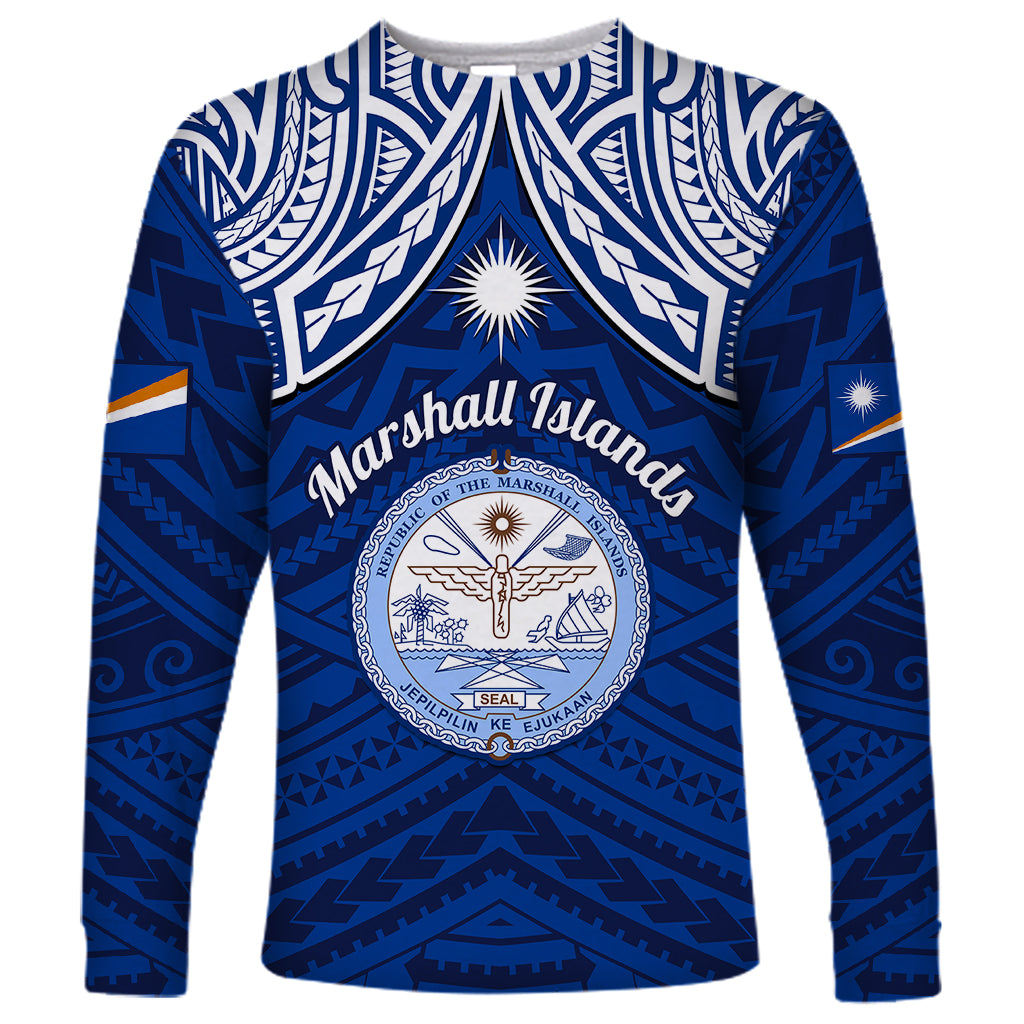 Marshall Islands Long Sleeve Shirt Blue Polynesian Tribal Mix Coat Of Arms LT14 Unisex Blue - Polynesian Pride