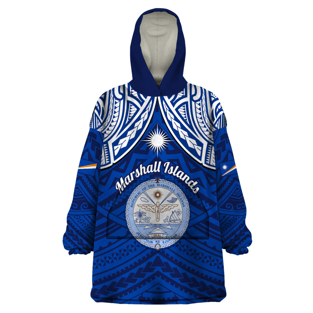 Personalised Marshall Islands Wearable Blanket Hoodie Blue Polynesian Tribal Mix Coat Of Arms LT14 One Size Blue - Polynesian Pride