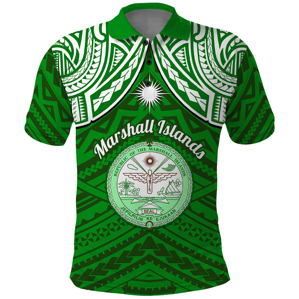 Custom Marshall Islands Polo Shirt Green Polynesian Tribal Mix Coat Of Arms LT14 Green - Polynesian Pride