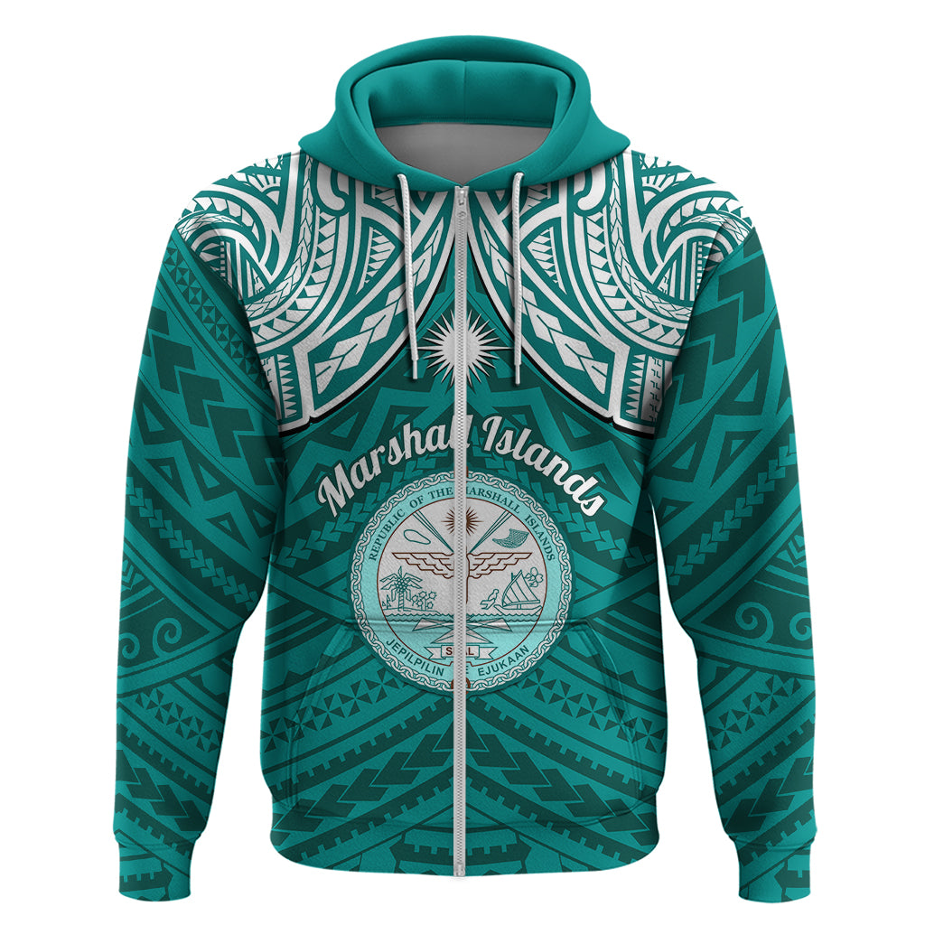 Custom Marshall Islands Hoodie Turquoise Polynesian Tribal Mix Coat of Arms LT14 Zip Hoodie Turquoise - Polynesian Pride