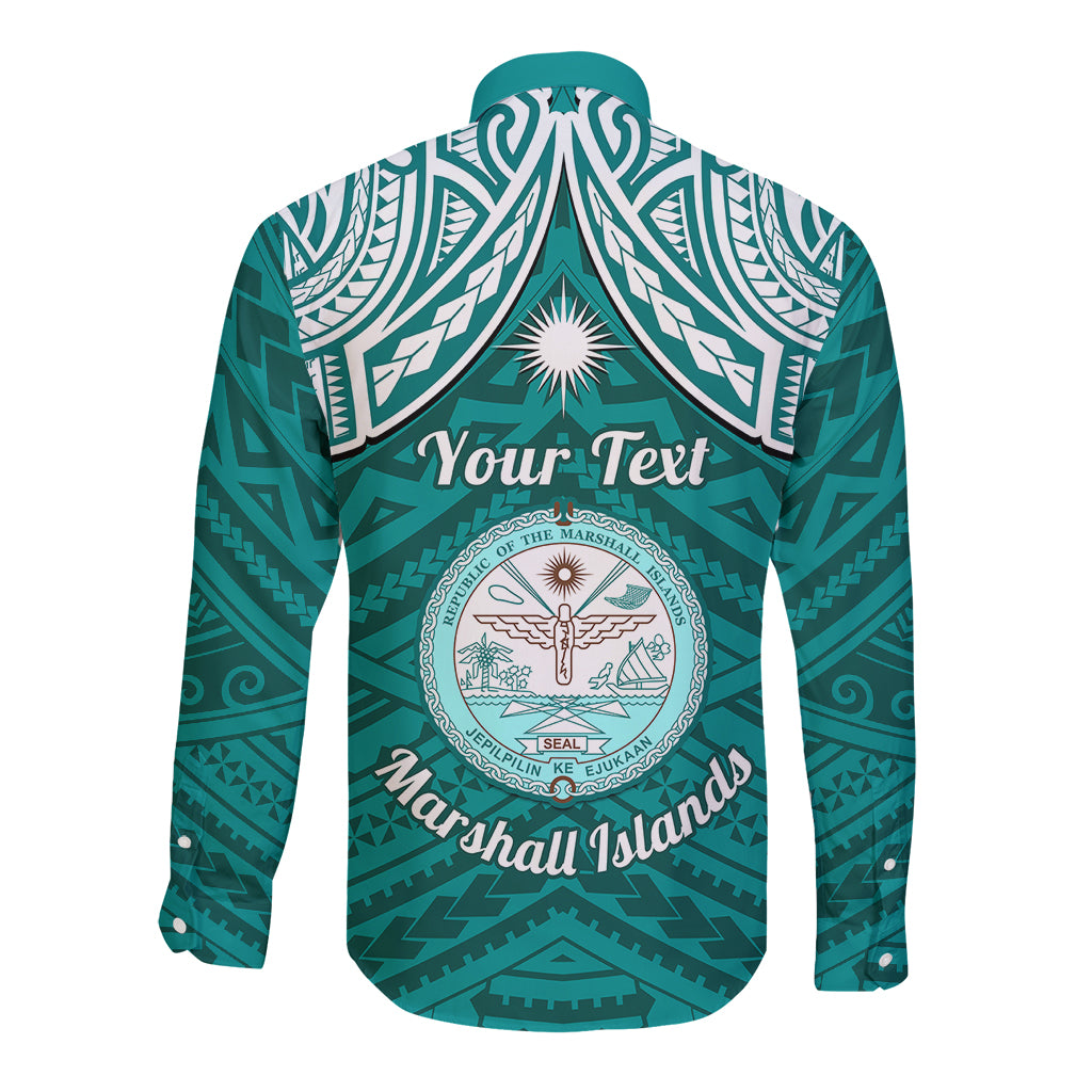 Personalised Marshall Islands Long Sleeve Button Shirt Turquoise Polynesian Tribal Mix Coat Of Arms LT14 - Polynesian Pride