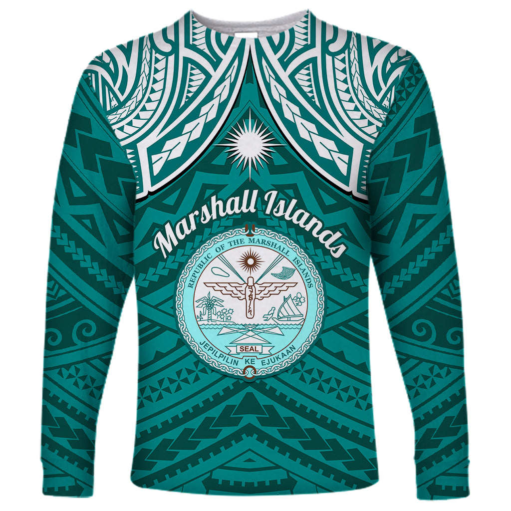 Personalised Marshall Islands Long Sleeve Shirt Turquoise Polynesian Tribal Mix Coat Of Arms LT14 Unisex Turquoise - Polynesian Pride