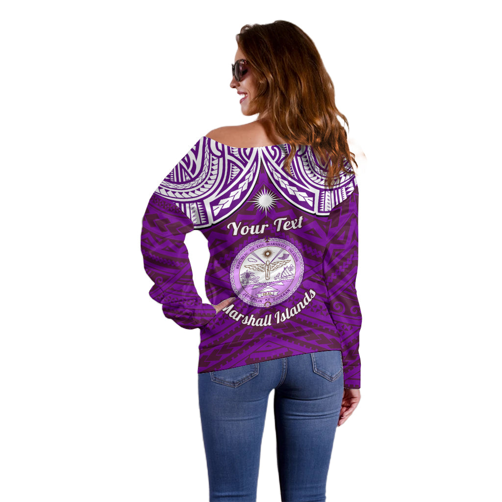 Personalised Marshall Islands Off Shoulder Sweater Purple Polynesian Tribal Mix Coat Of Arms LT14 - Polynesian Pride