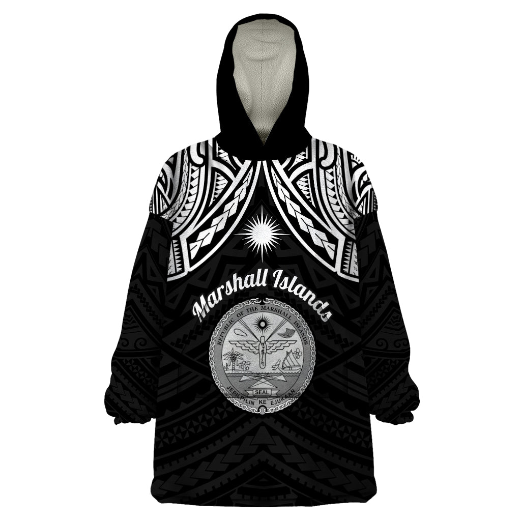 Personalised Marshall Islands Wearable Blanket Hoodie Black Polynesian Tribal Mix Coat Of Arms LT14 One Size Black - Polynesian Pride