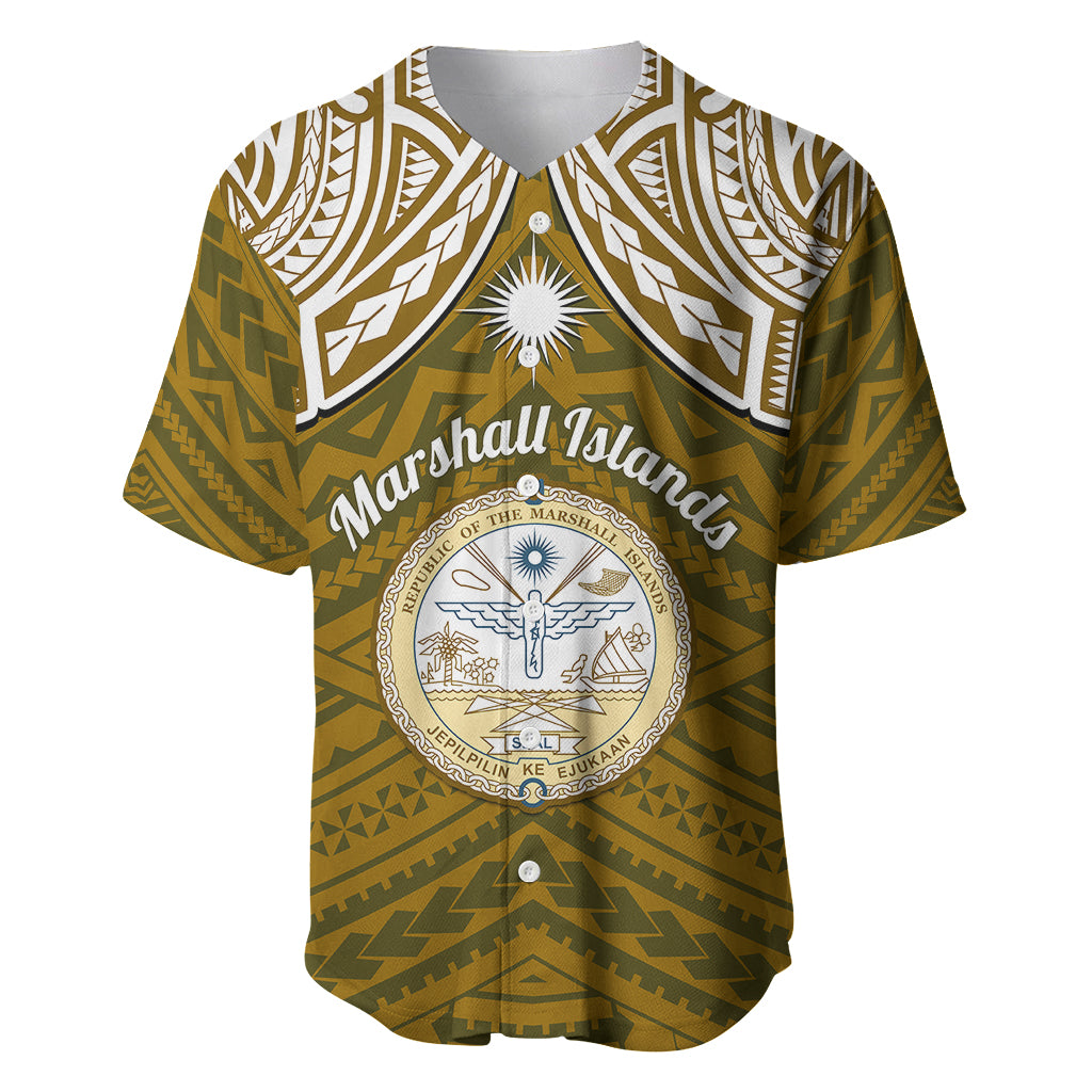 Personalised Marshall Islands Baseball Jersey Gold Polynesian Tribal Mix Coat Of Arms LT14 Gold - Polynesian Pride