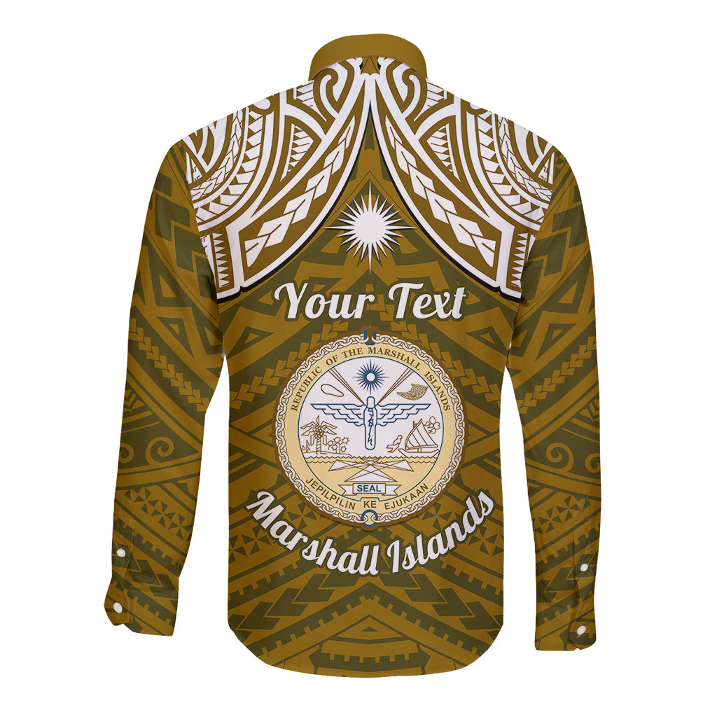 Personalised Marshall Islands Long Sleeve Button Shirt Gold Polynesian Tribal Mix Coat Of Arms LT14 - Polynesian Pride