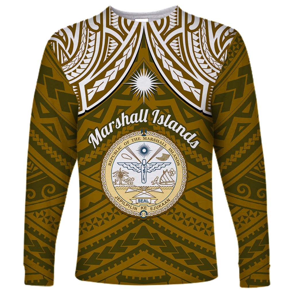 Personalised Marshall Islands Long Sleeve Shirt Gold Polynesian Tribal Mix Coat Of Arms LT14 Unisex Gold - Polynesian Pride