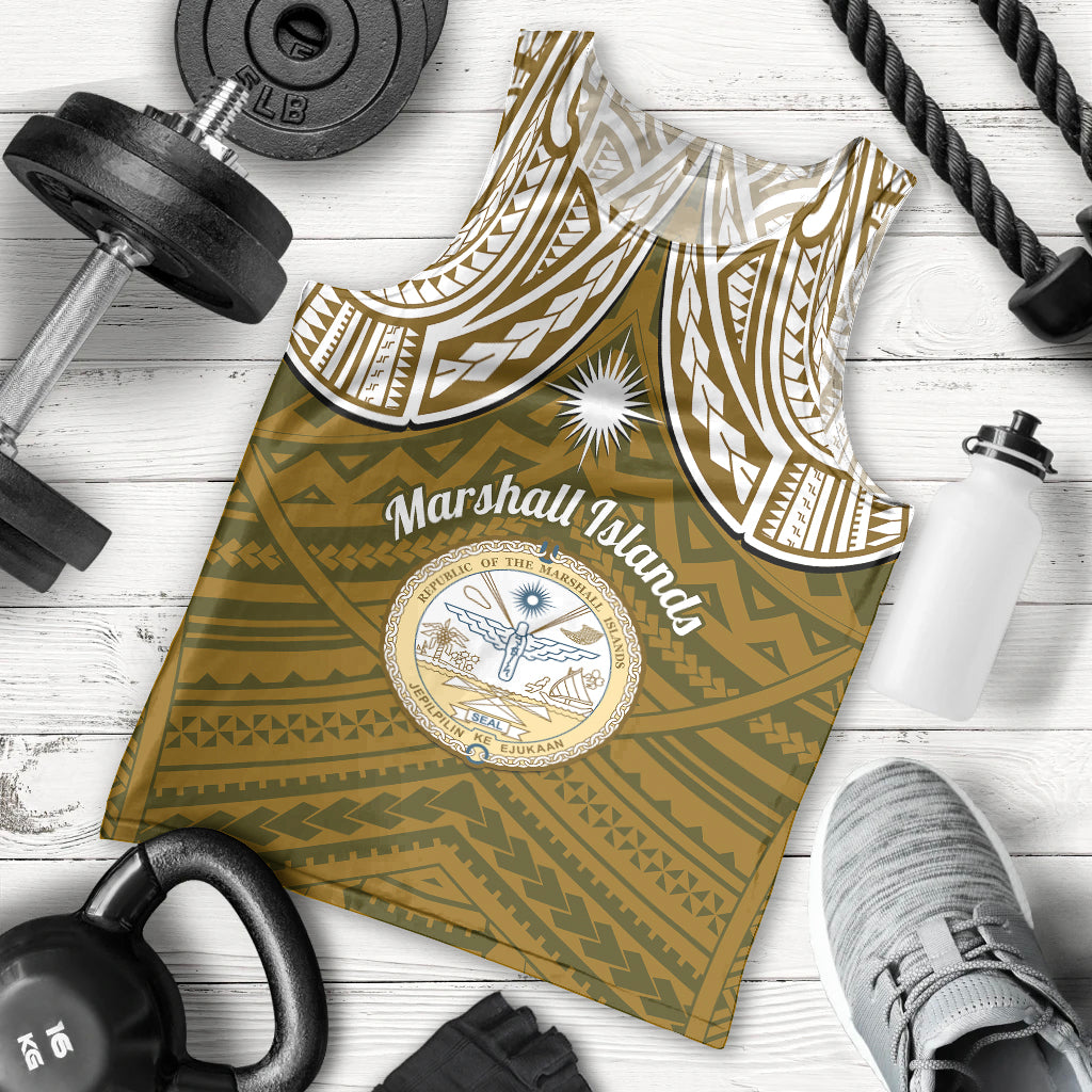 Personalised Marshall Islands Men Tank Top Gold Polynesian Tribal Mix Coat Of Arms LT14 Gold - Polynesian Pride